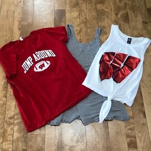 Wisconsin Badger game day gear, tank, T-shirt, and striped tank dress